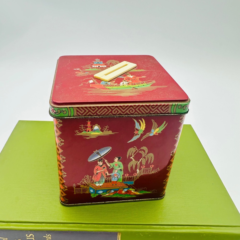 Daher Vintage Tin Chinoiserie Red Pagoda Box Bank England